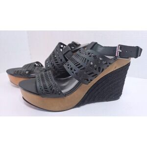 Lauren RL Georgina Black Leather Laser Cut Wood Wedge Platform Sandals 8B